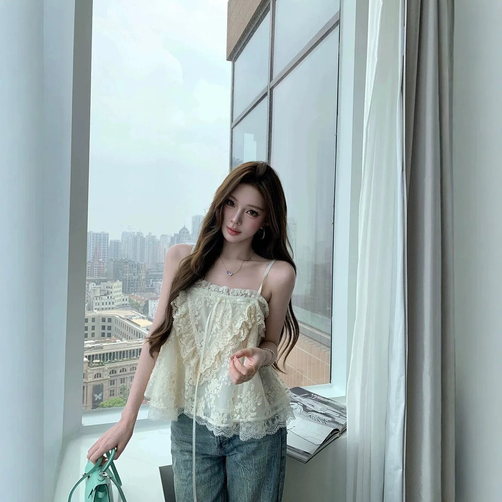 Correct Version! Summer Lace Peony Strap Top Asymmetrical Hemline Cotton Blend Women's Fresh Sweet Style Outerwear B18331621