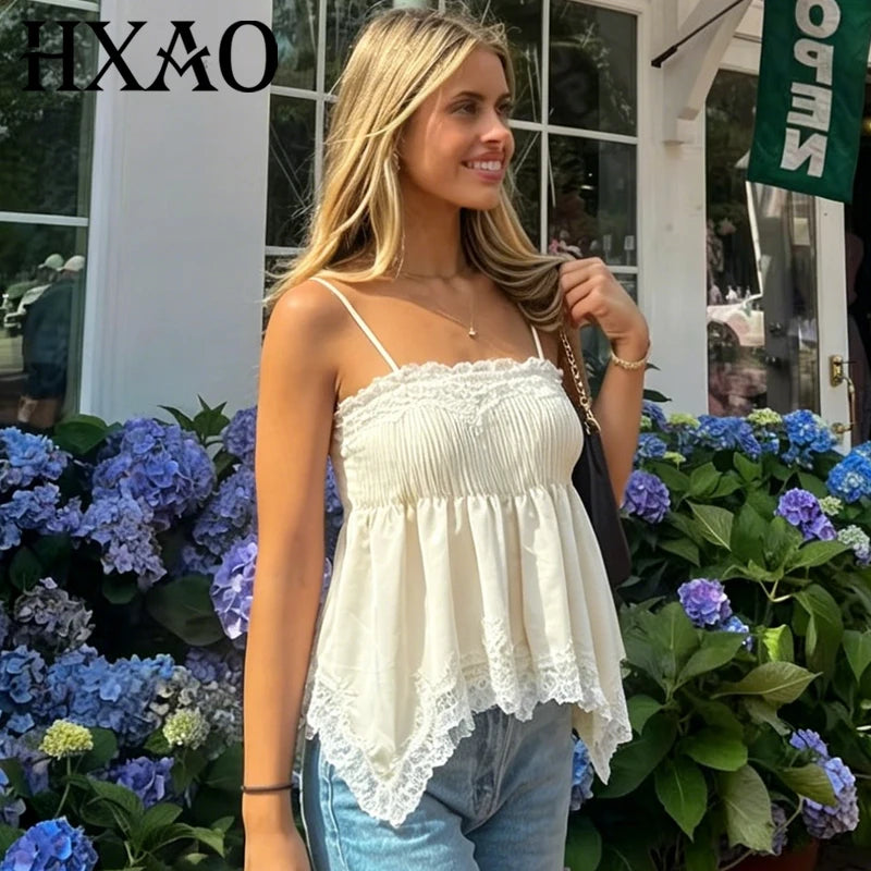 HXAO Satin Lace Slip Top Women Summer Sexy Cropped Off White Ruffled Tank Top Elegant Sleeveless Backless Camisole Vacation Vest