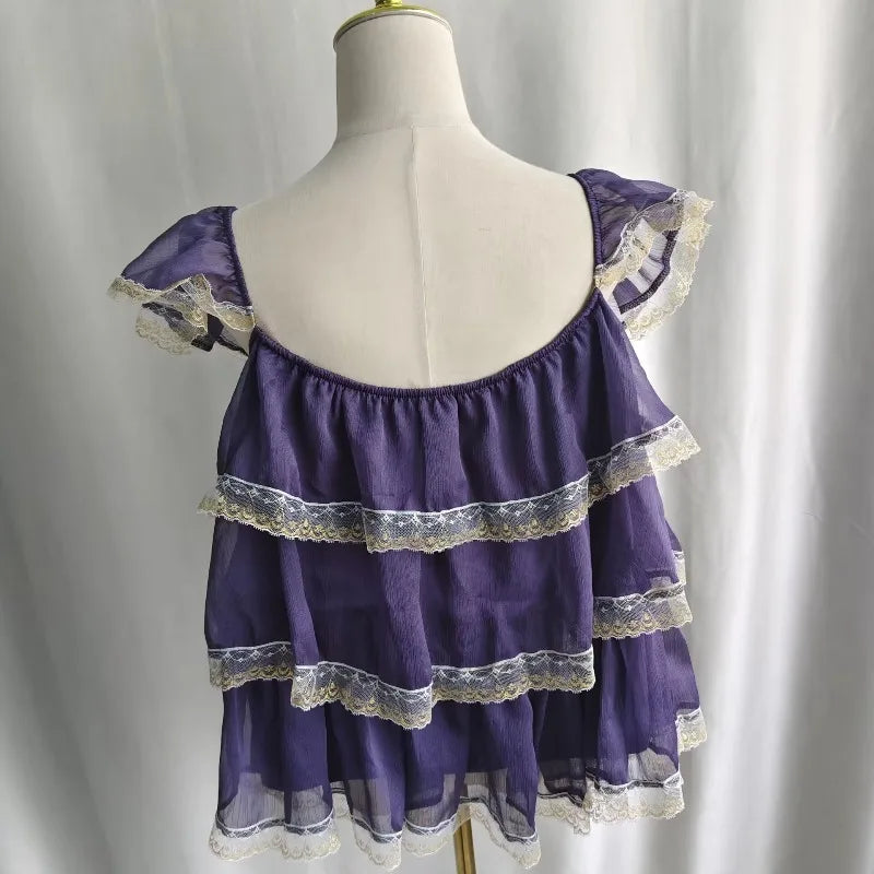 Purple Vintage Ruffles Square Collar Top
