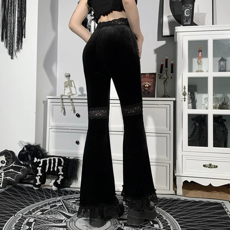 Gothic Black Lace Velvet Flare Pants