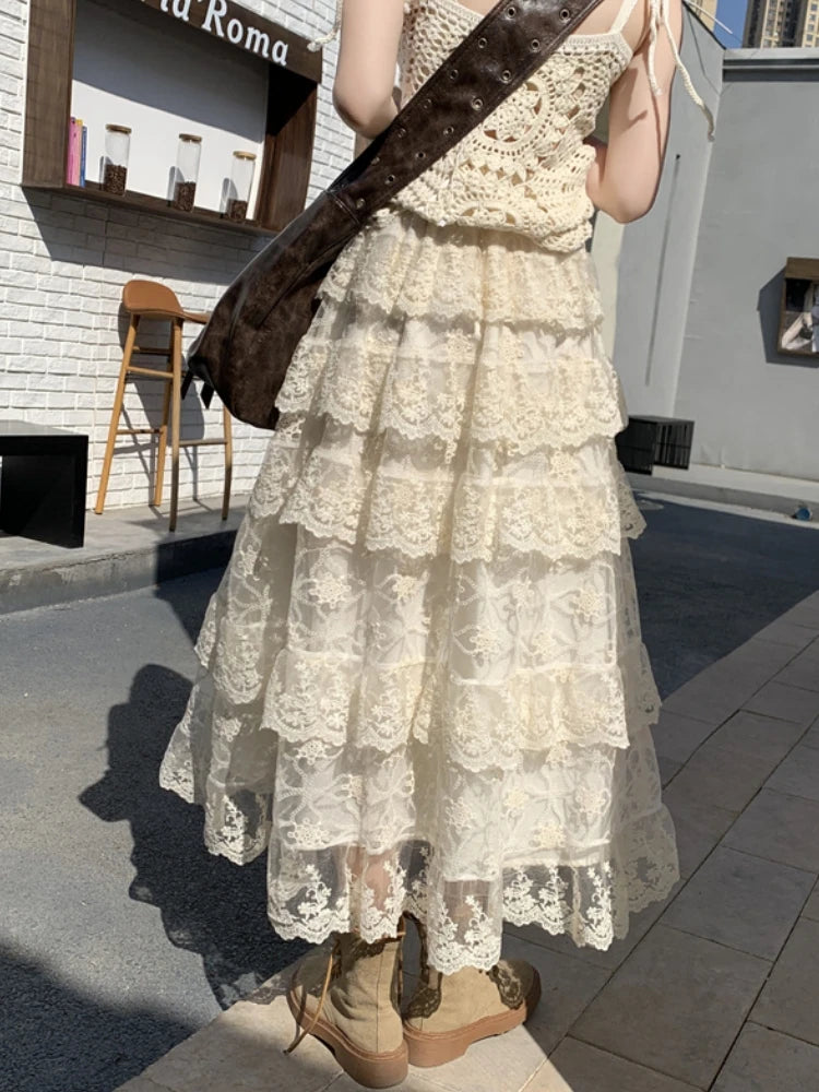 Mid Long Skirt Womens Crochet Lace Skirt 2025 Goth Lolita Spring Summer High Waisted High Low Ruched Ruffle Pleated Skirts rok