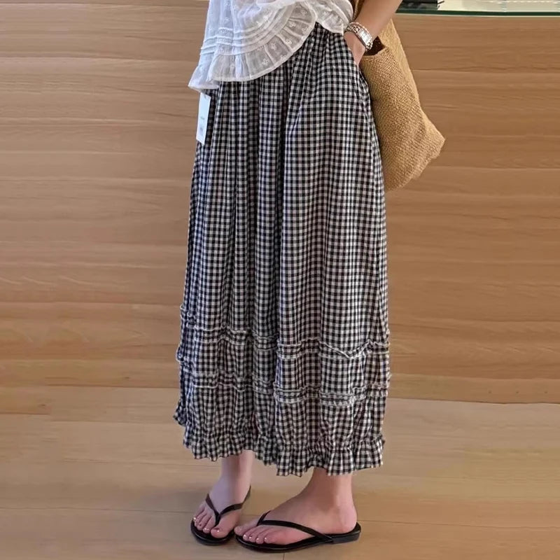 Lace Trim White Lantern Pants for Women Spring Summer Loose Elastic High Waist Wide Leg Trouser Female Ankle Length Casual Pants