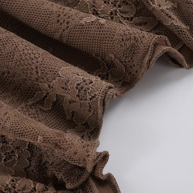 SUCHCUTE Brown Vintage Lace Trim Patchwork Faux-two-piece Top Y2k Spaghetti Strap Irregular Camisole Sexy Sleeveless Crop Tops