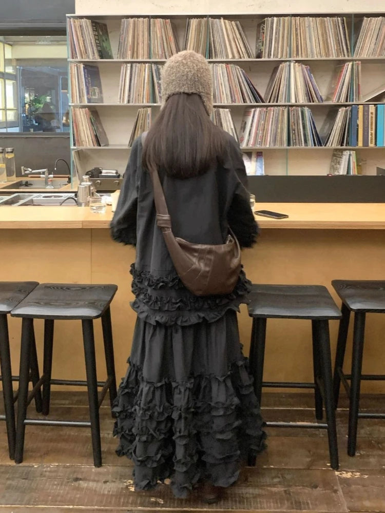 Gothic Dark Grey Ruffles Long Skirt