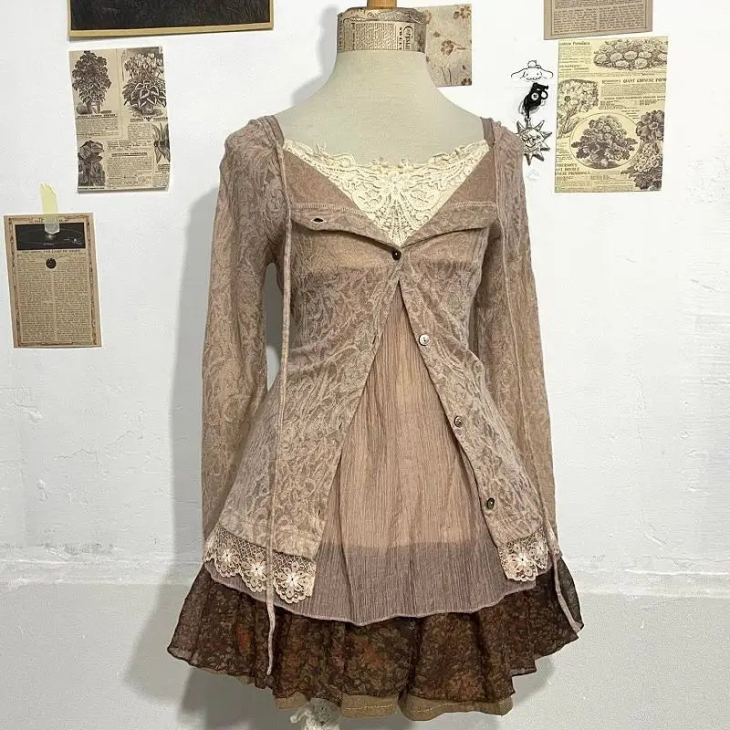 Vintage Dusty Pink Lace Long-Sleeved Top (2-Piece Set)
