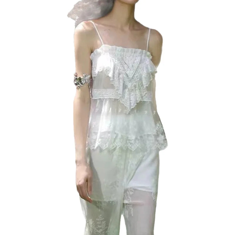 CARIE Ethereal Lace Trimmed Embroidered Strap Top Semi-Transparent Fresh Sweet Style Polyester Fiber Short Sleeveless Blouse