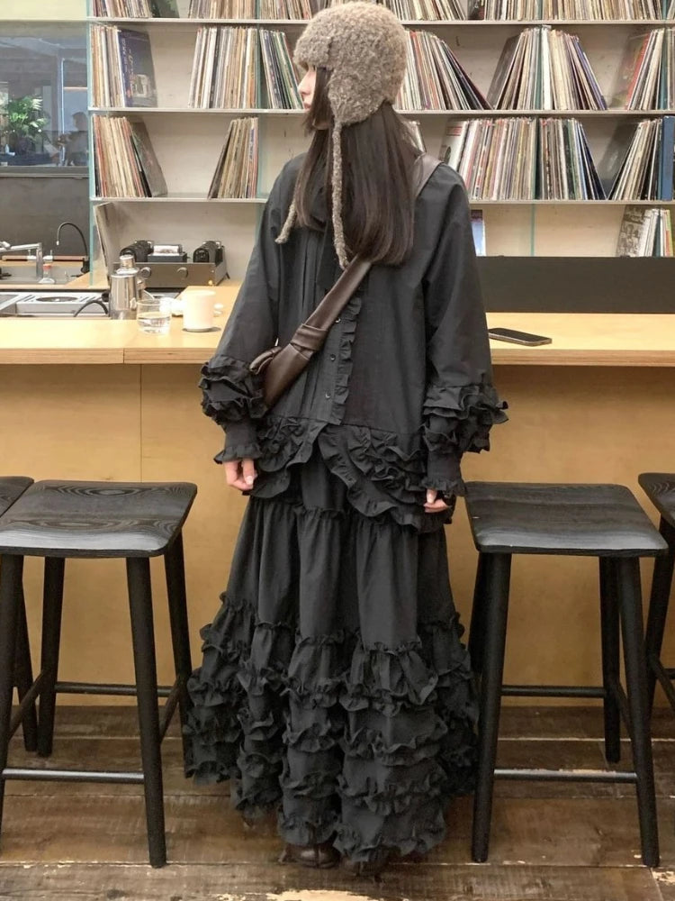 Gothic Dark Grey Ruffles Long Skirt