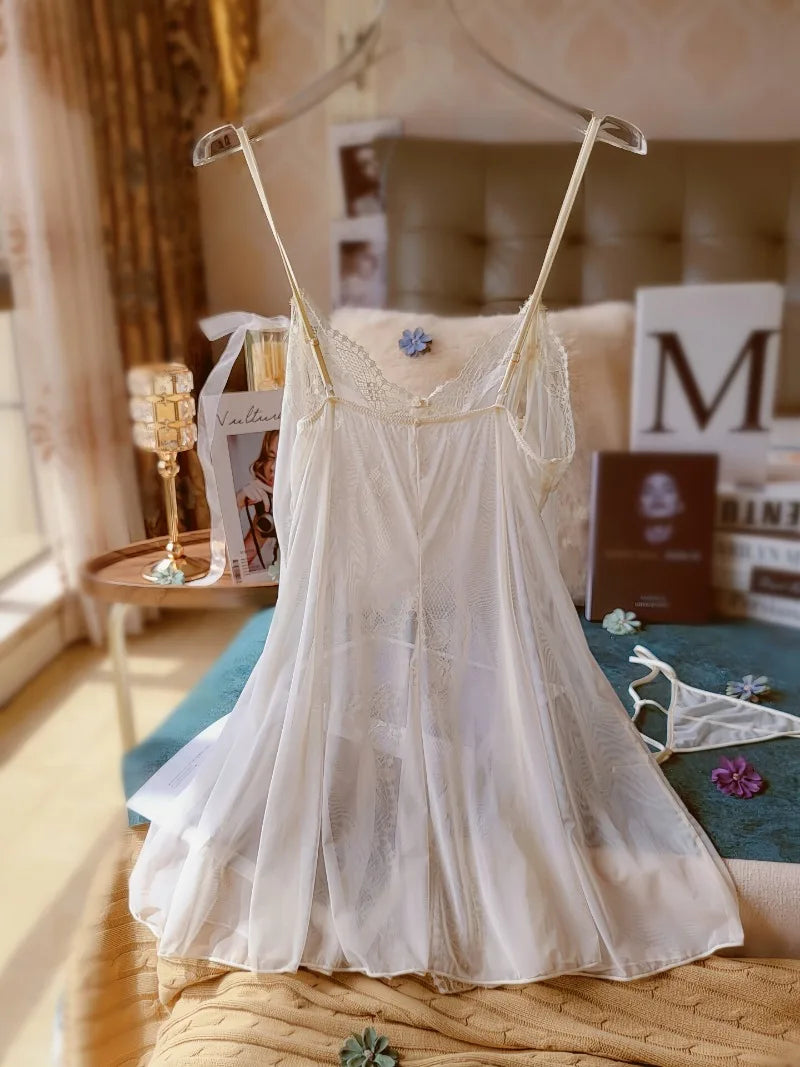 Sexy Mesh Ultra-thin Pajamas for Women's Sleepwear See Through Lace Front Open Suspender Transparent Nightdress Set with Panties