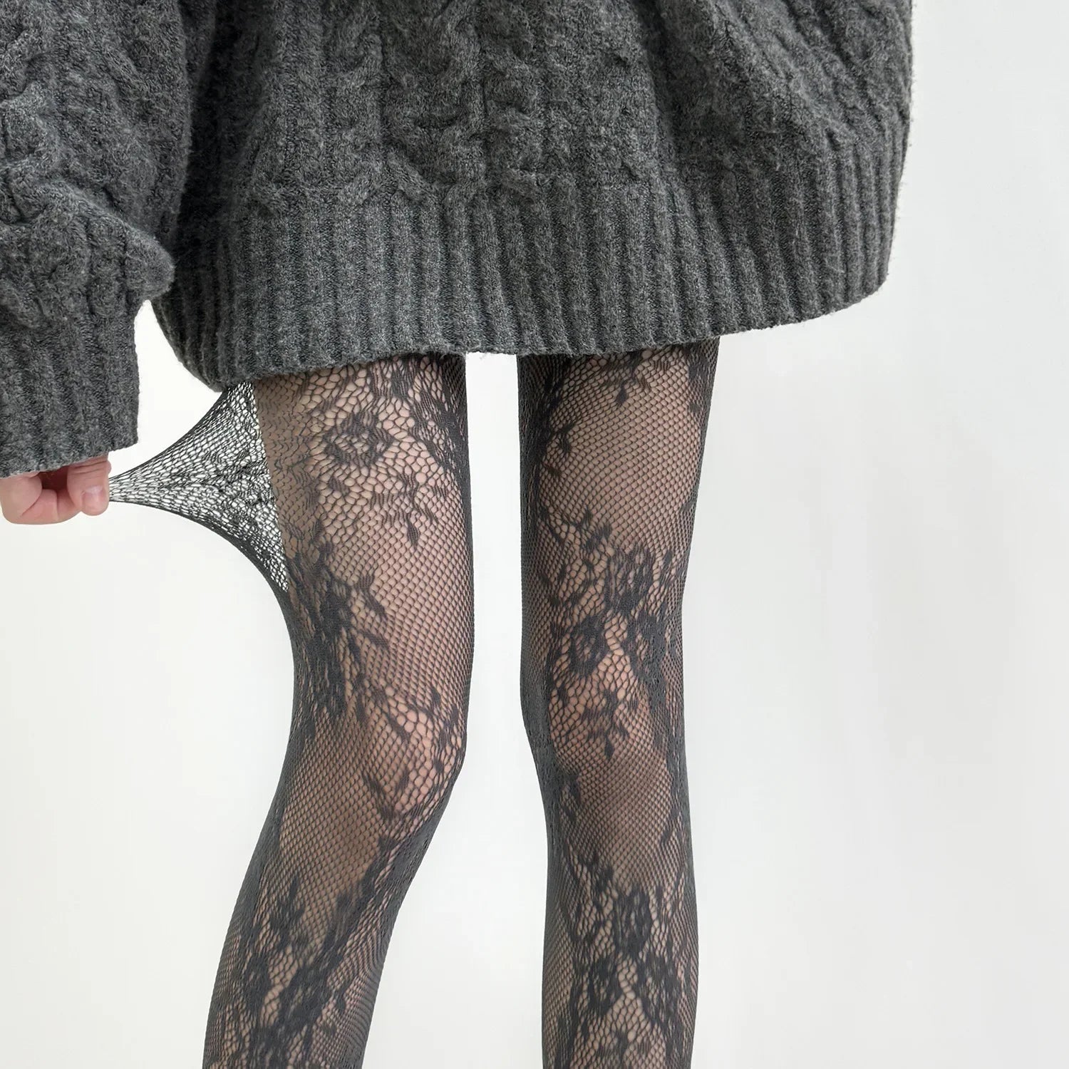 White and Black Floral Lace Mesh Stockings