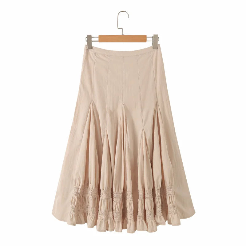 French Vintage Romantic Ruffled Smocked Panel Midi Skirt