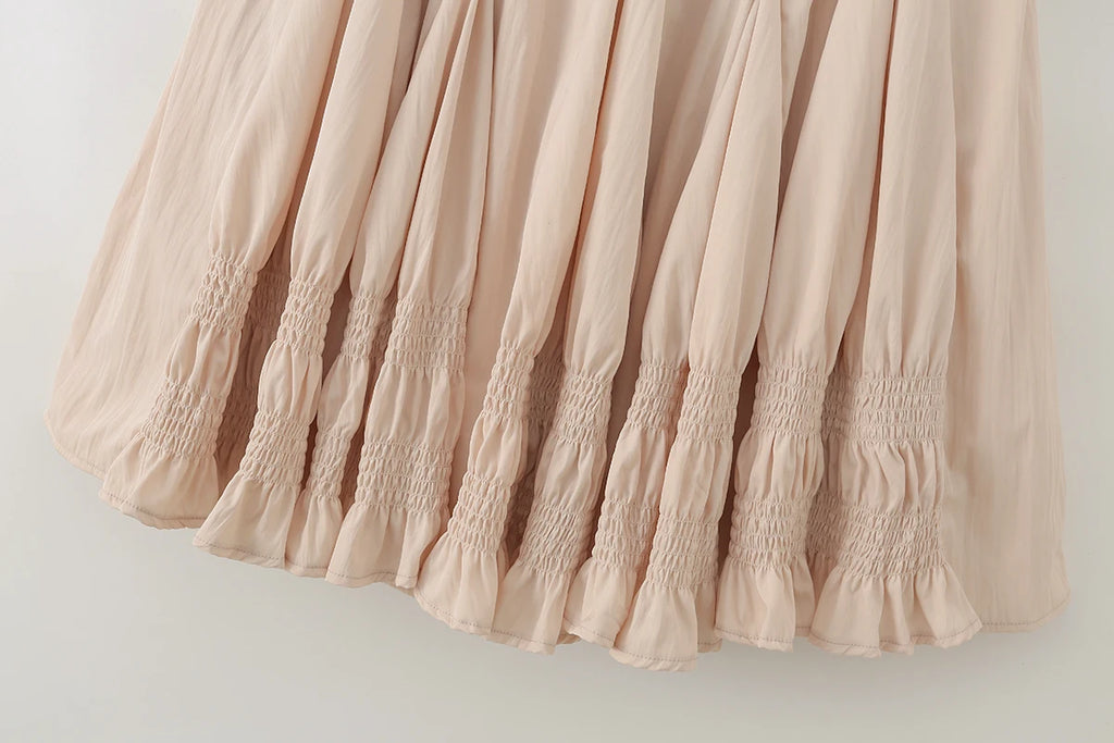 French Vintage Romantic Ruffled Smocked Panel Midi Skirt