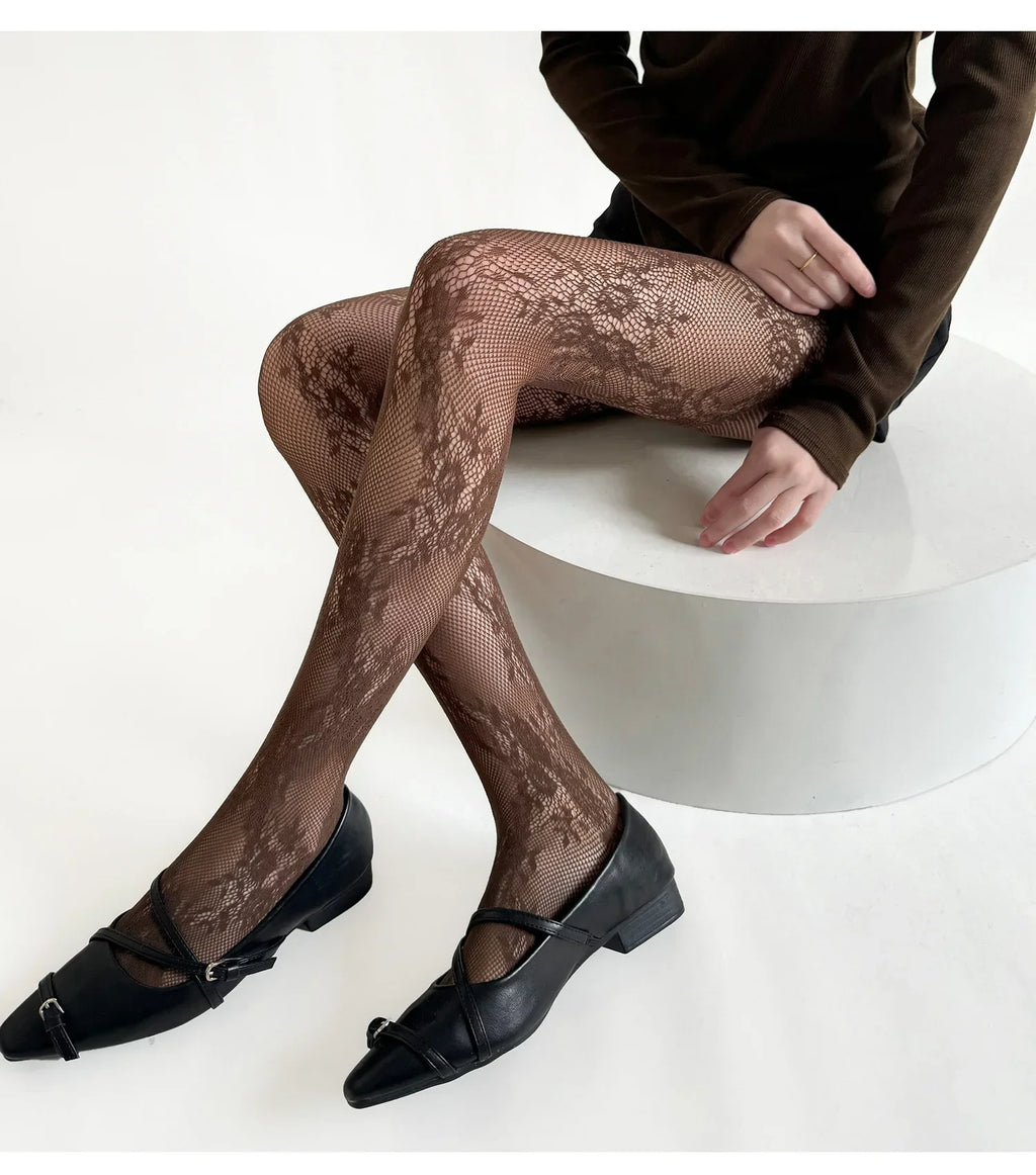 White and Black Floral Lace Mesh Stockings