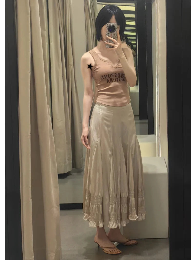 French Vintage Romantic Ruffled Smocked Panel Midi Skirt