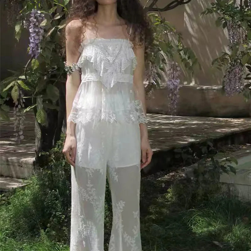 CARIE Ethereal Lace Trimmed Embroidered Strap Top Semi-Transparent Fresh Sweet Style Polyester Fiber Short Sleeveless Blouse