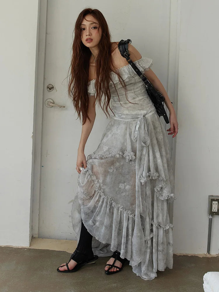 Light Gray Watercolor Ruffles Long Dress