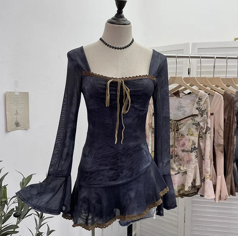 Vintage Square Collar Flare Sleeve Asymmetrical Top