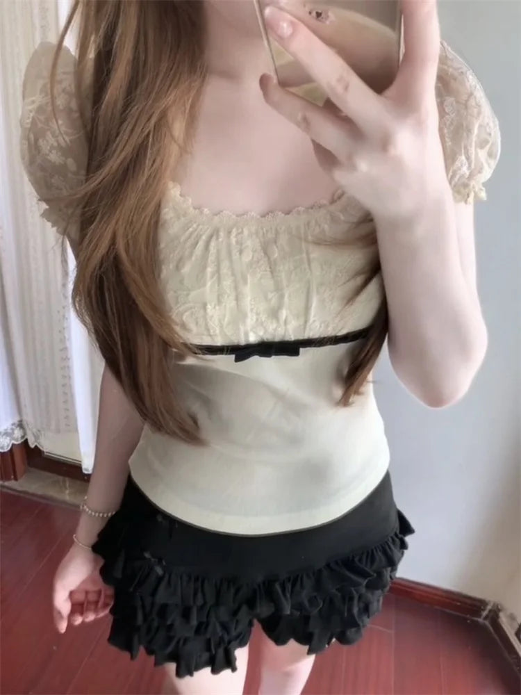 Vintage Square Neck Lace Trim Shirt