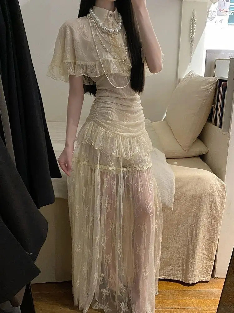 2026 Summer French Lace Cape Ruffle Blouse Ruched Lace Maxi Skirt Two Piece Set Elegant Slim Fit Casual Daily Vacation Outfit