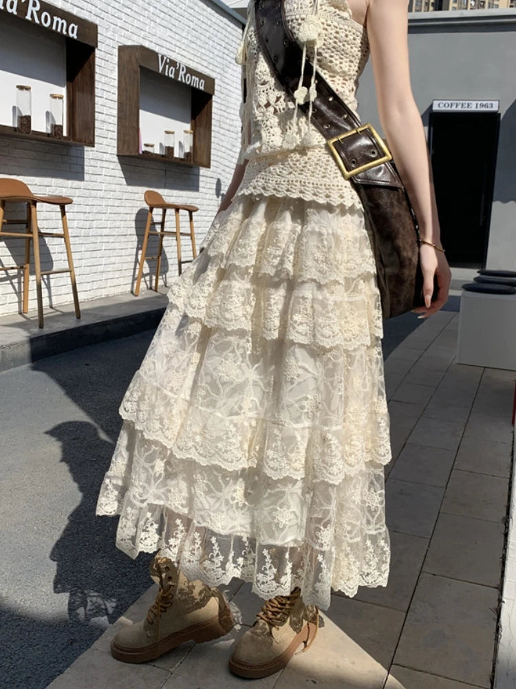 Mid Long Skirt Womens Crochet Lace Skirt 2025 Goth Lolita Spring Summer High Waisted High Low Ruched Ruffle Pleated Skirts rok
