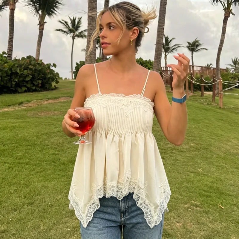 HXAO Satin Lace Slip Top Women Summer Sexy Cropped Off White Ruffled Tank Top Elegant Sleeveless Backless Camisole Vacation Vest