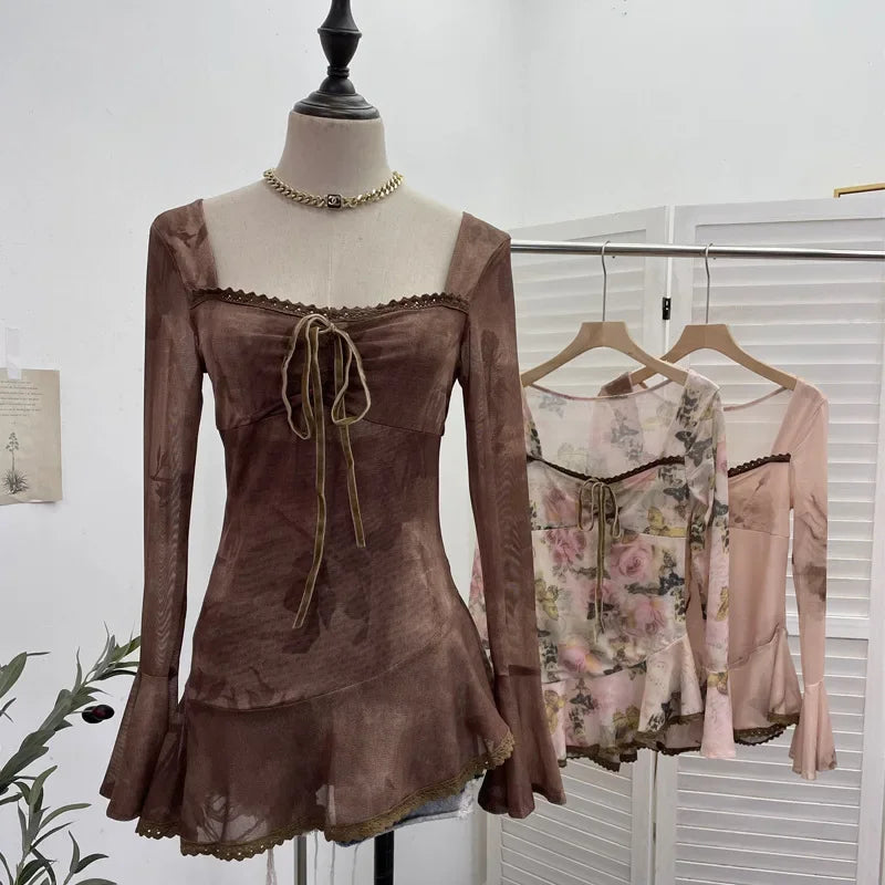 Vintage Square Collar Flare Sleeve Asymmetrical Top