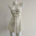 Sexy Lingerie Lace Mesh See Through Mini Dress Women Nightdress Sleepwear Cross Strap Collar Slip Backless Night Dress Pajamas
