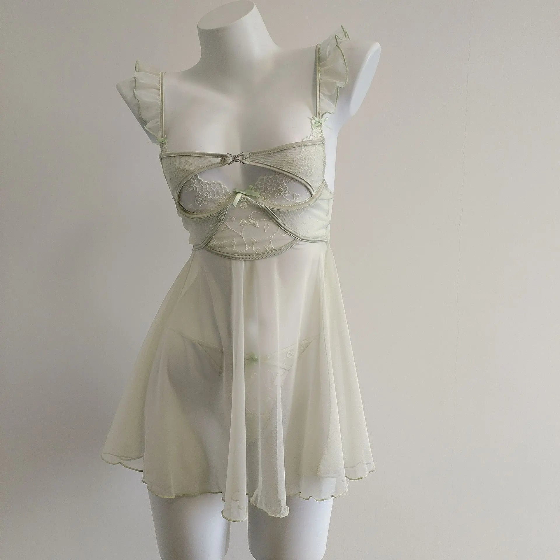 Sexy Lingerie Lace Mesh See Through Mini Dress Women Nightdress Sleepwear Cross Strap Collar Slip Backless Night Dress Pajamas