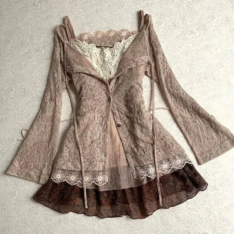 Vintage Dusty Pink Lace Long-Sleeved Top (2-Piece Set)