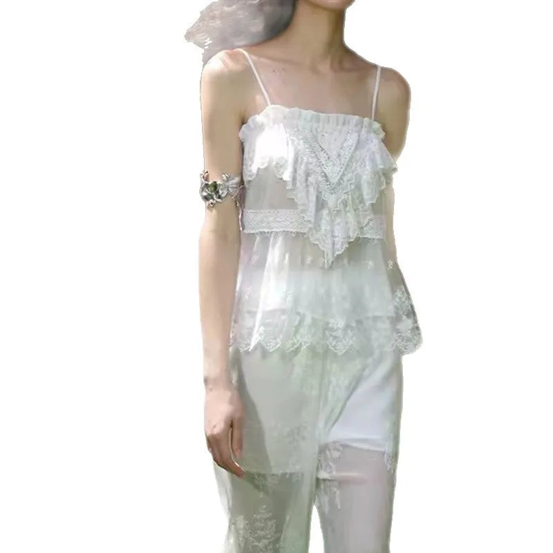 CARIE Ethereal Lace Trimmed Embroidered Strap Top Semi-Transparent Fresh Sweet Style Polyester Fiber Short Sleeveless Blouse