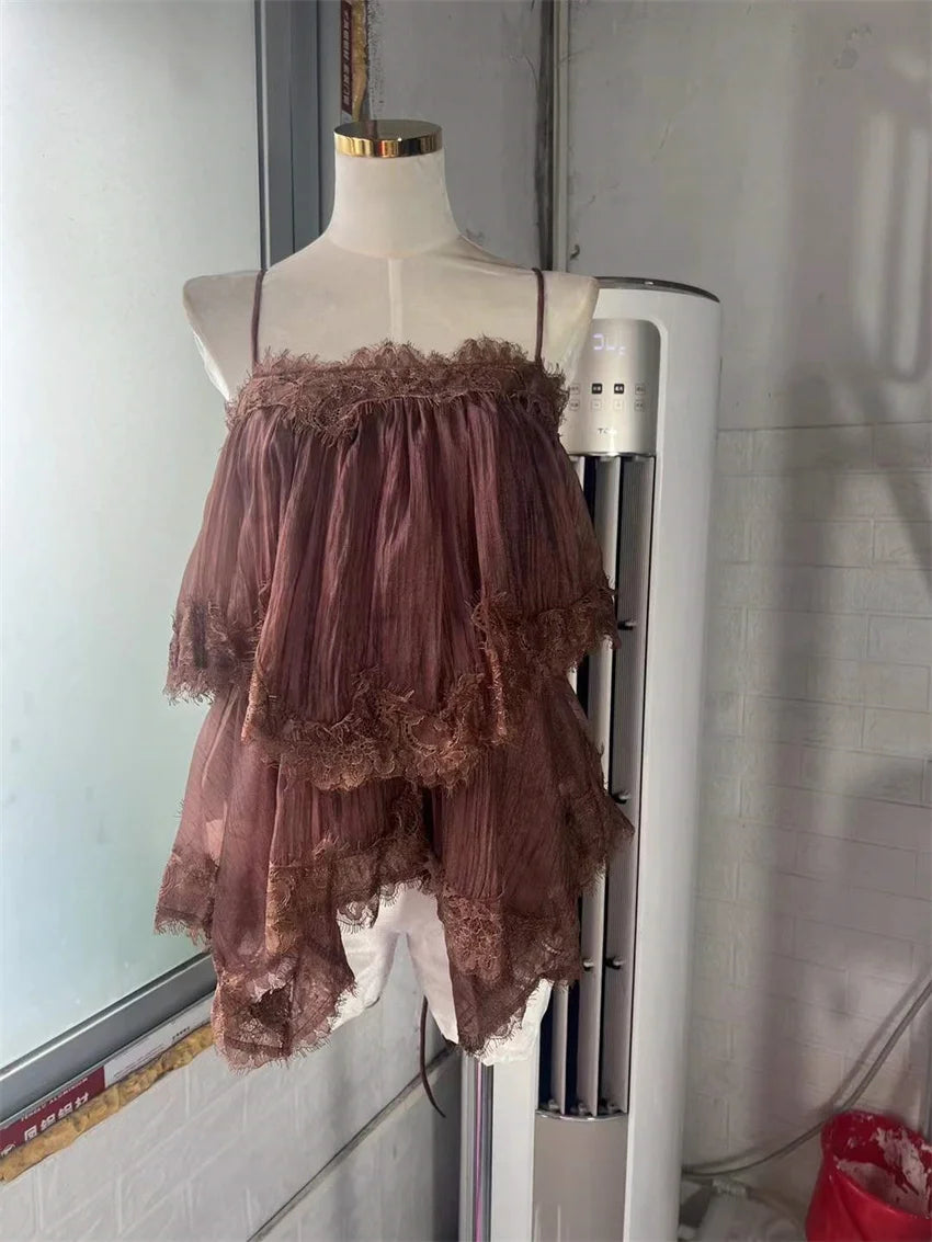 High Quality 2026 Women Lace Trim Tiered Chiffon Cami Top Spaghetti Strap Loose Babydoll Blouse