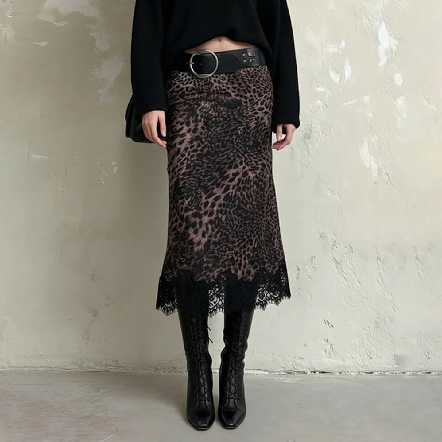 Vintage Low-Waist Leopard-Print Lace Skirt