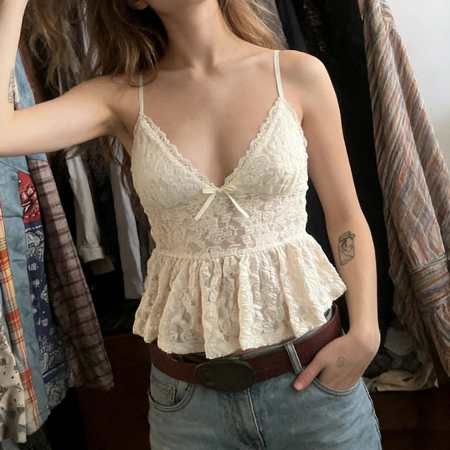 SUCHCUTE Lace Patchwork Bow Cami Tops Sexy V-neck sleeveless Tank Top Summer Vacation Camisole Y2k Backless Tanks Coquette  Chic