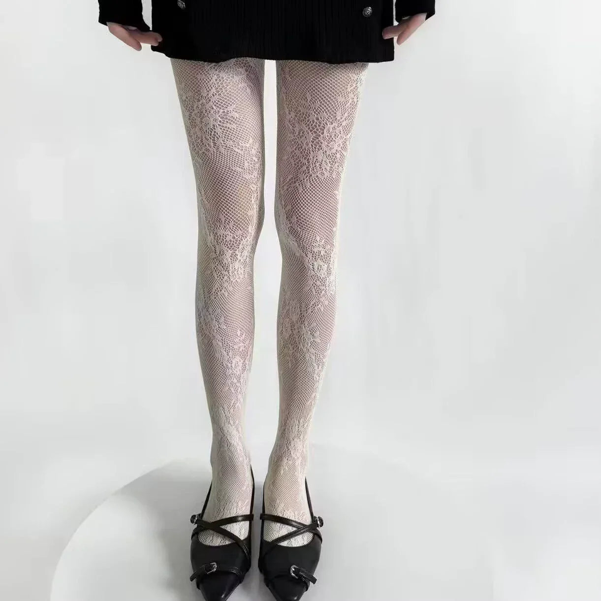 White and Black Floral Lace Mesh Stockings