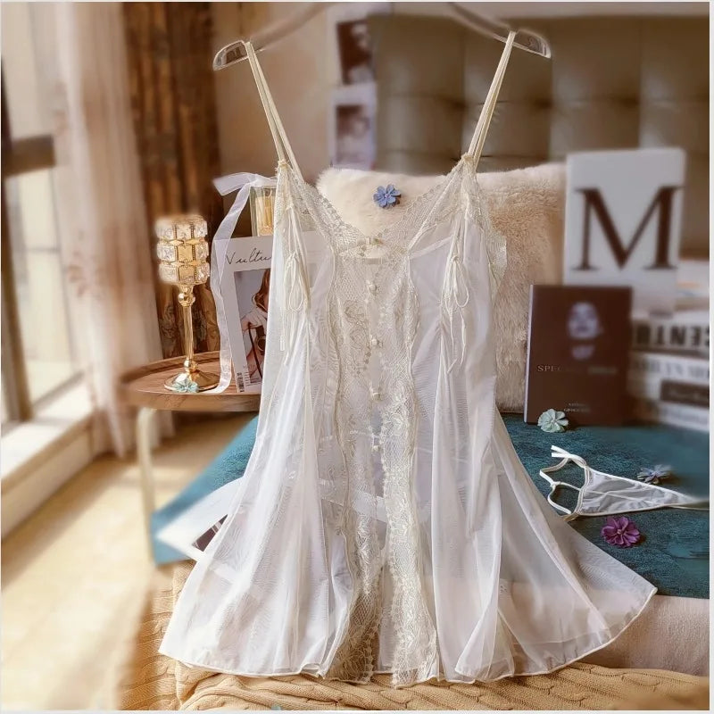 Sexy Mesh Ultra-thin Pajamas for Women's Sleepwear See Through Lace Front Open Suspender Transparent Nightdress Set with Panties