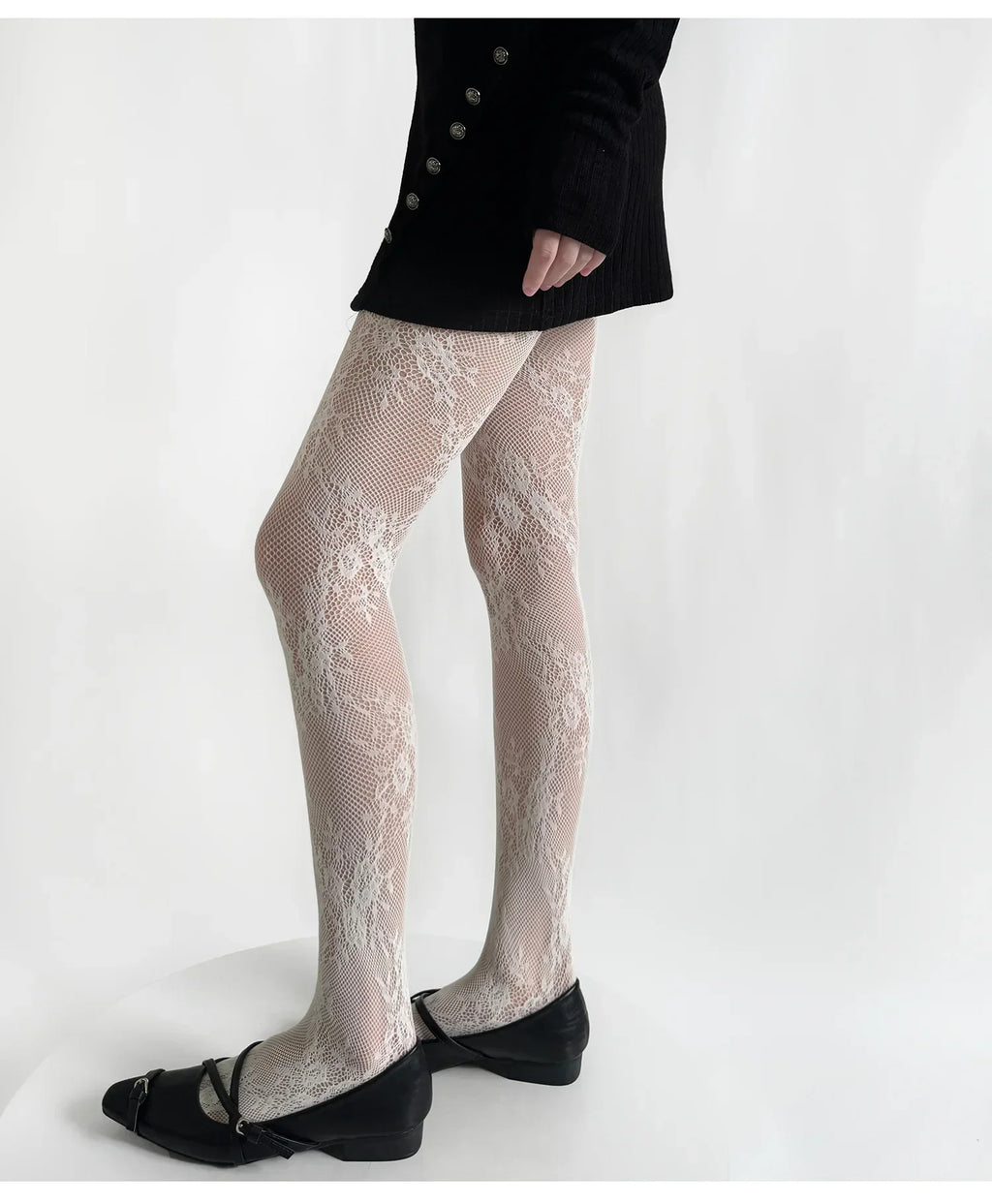 White and Black Floral Lace Mesh Stockings