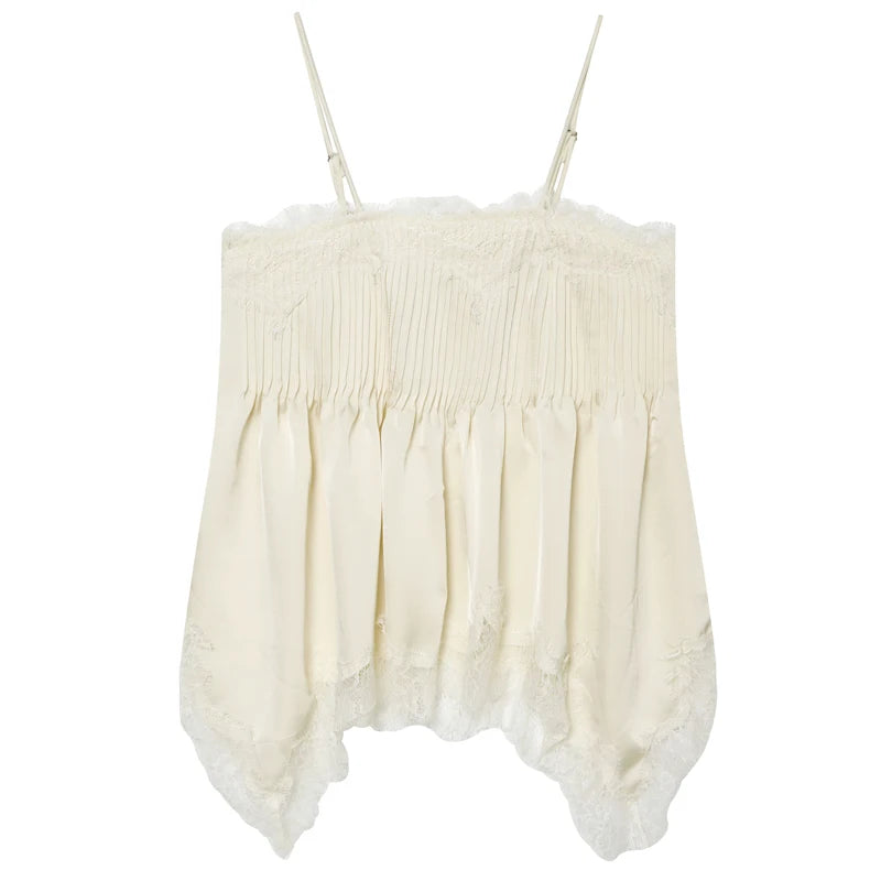 HXAO Satin Lace Slip Top Women Summer Sexy Cropped Off White Ruffled Tank Top Elegant Sleeveless Backless Camisole Vacation Vest