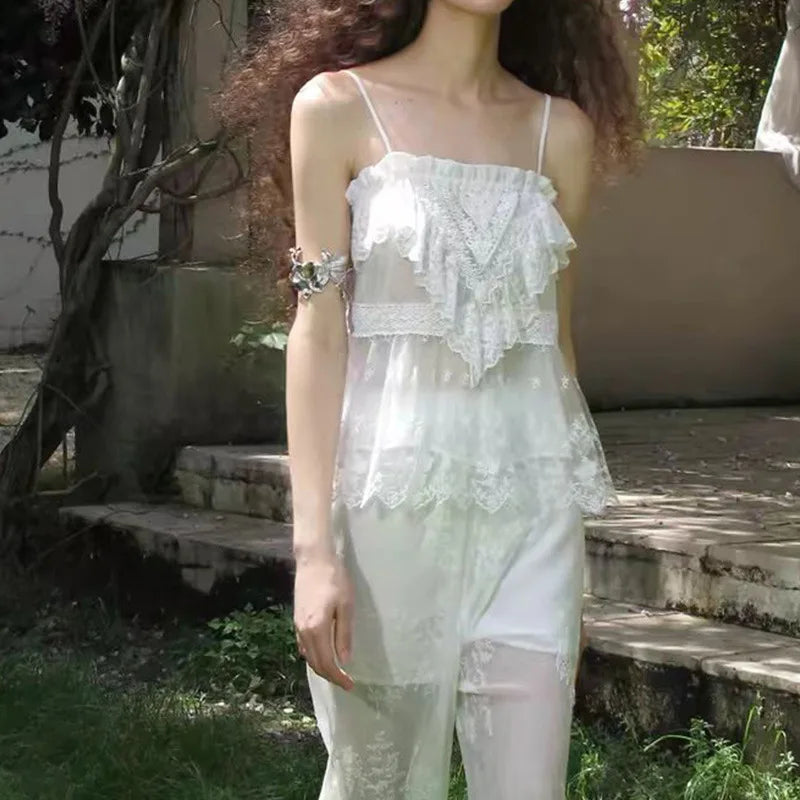 CARIE Ethereal Lace Trimmed Embroidered Strap Top Semi-Transparent Fresh Sweet Style Polyester Fiber Short Sleeveless Blouse