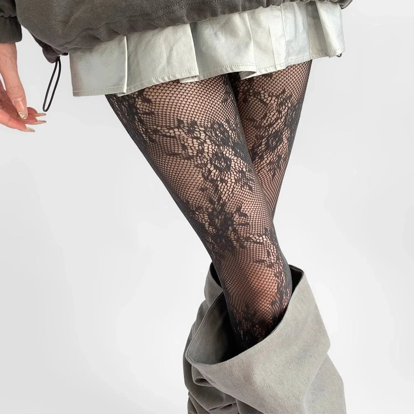White and Black Floral Lace Mesh Stockings