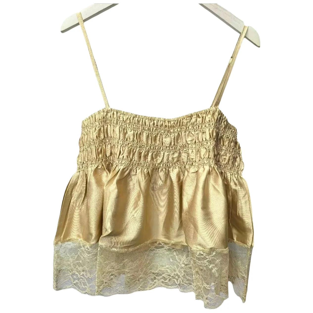 Sweet Summer New Arrival Silk Satin Lace Trim Halter Vest Lightweight Luxury Pleated Design Fresh And Delicate Style for Women
