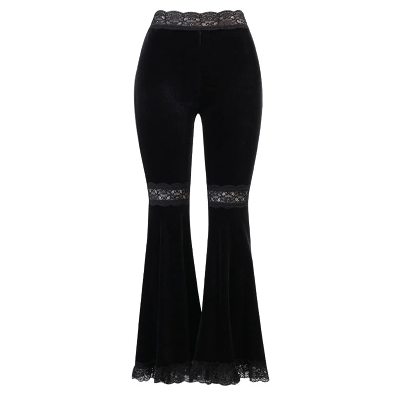 Gothic Black Lace Velvet Flare Pants