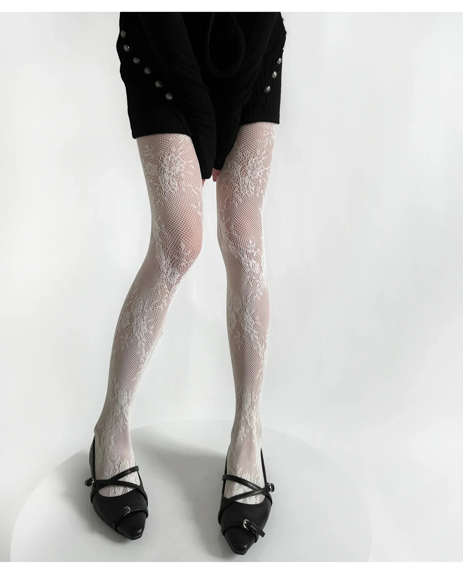 White and Black Floral Lace Mesh Stockings