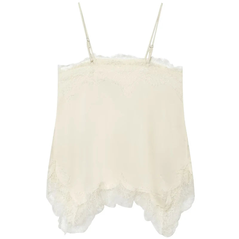 HXAO Satin Lace Slip Top Women Summer Sexy Cropped Off White Ruffled Tank Top Elegant Sleeveless Backless Camisole Vacation Vest