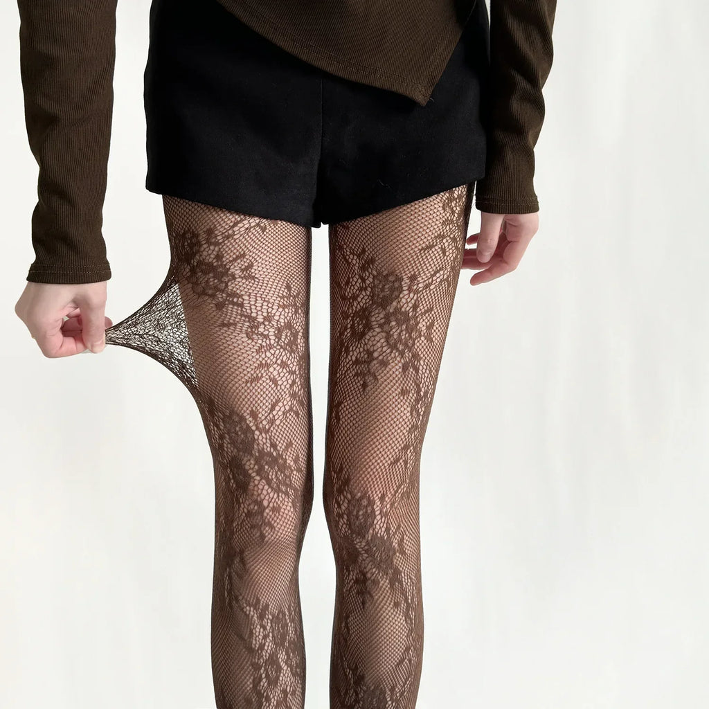 White and Black Floral Lace Mesh Stockings
