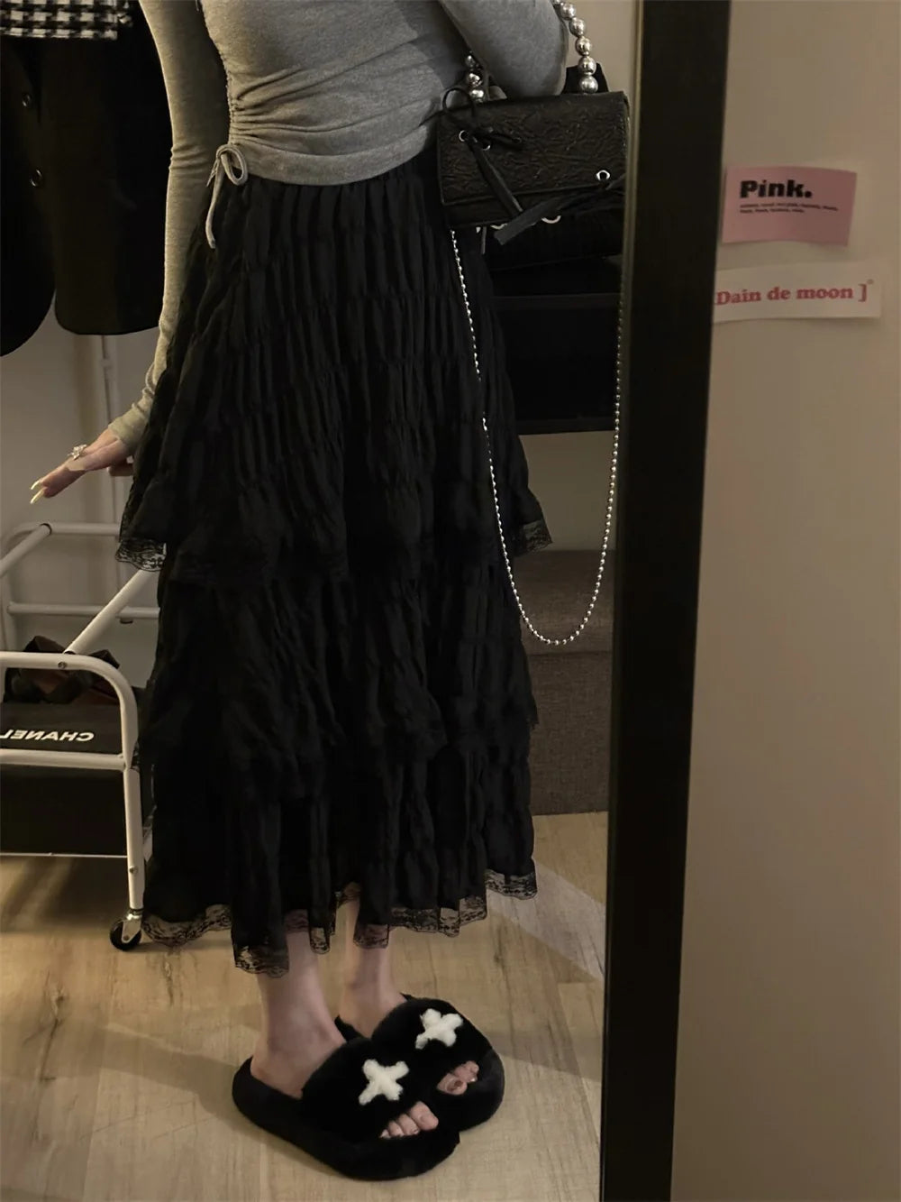 Black Long Ruffle Lace Skirt