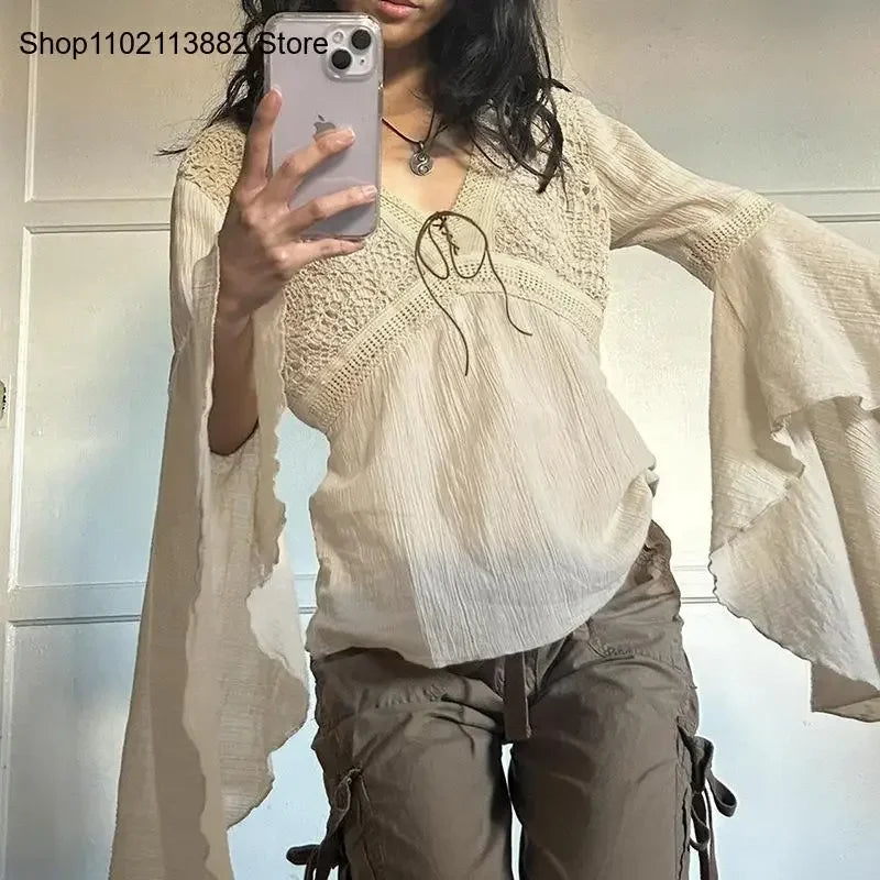 Medieval Lace Up Flare Sleeves Blouse