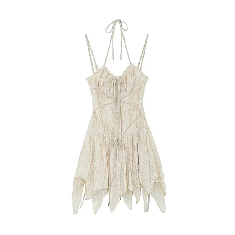 Fashion Irregular V-Neck Women Slim Suspender One-Piece Summer A-Line Tie Up Gothic Y2K Pleated Female Dress Bandage Design Chic