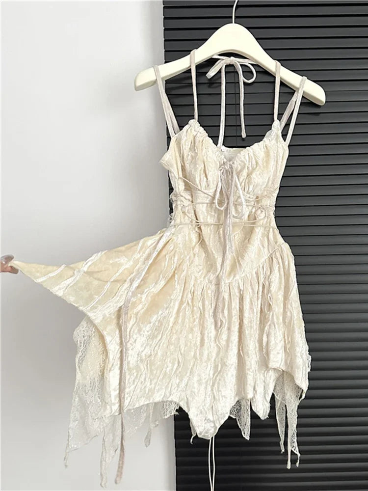 Fashion Irregular V-Neck Women Slim Suspender One-Piece Summer A-Line Tie Up Gothic Y2K Pleated Female Dress Bandage Design Chic