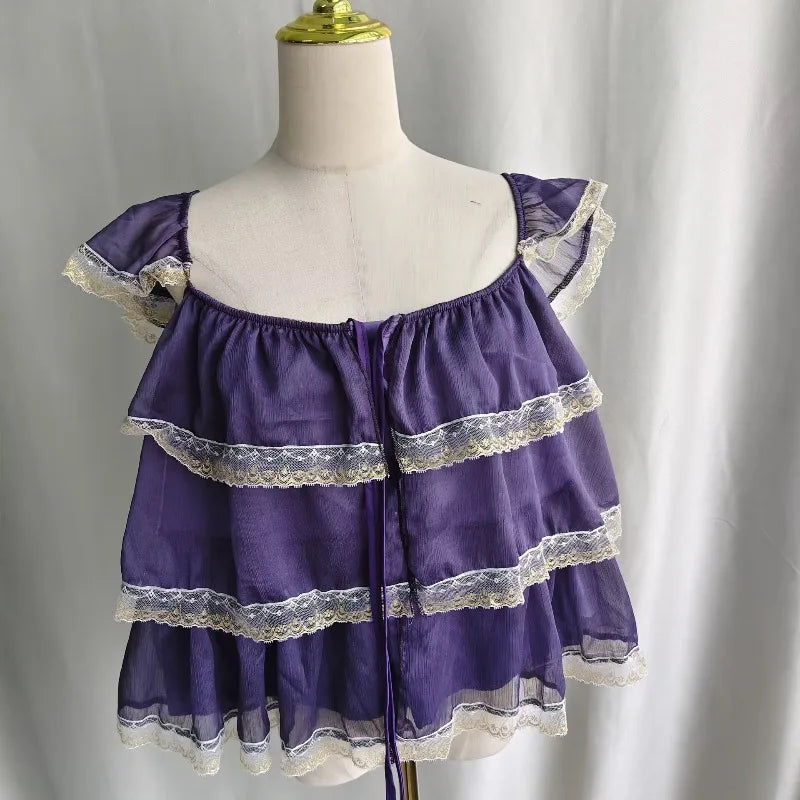 Purple Vintage Ruffles Square Collar Top