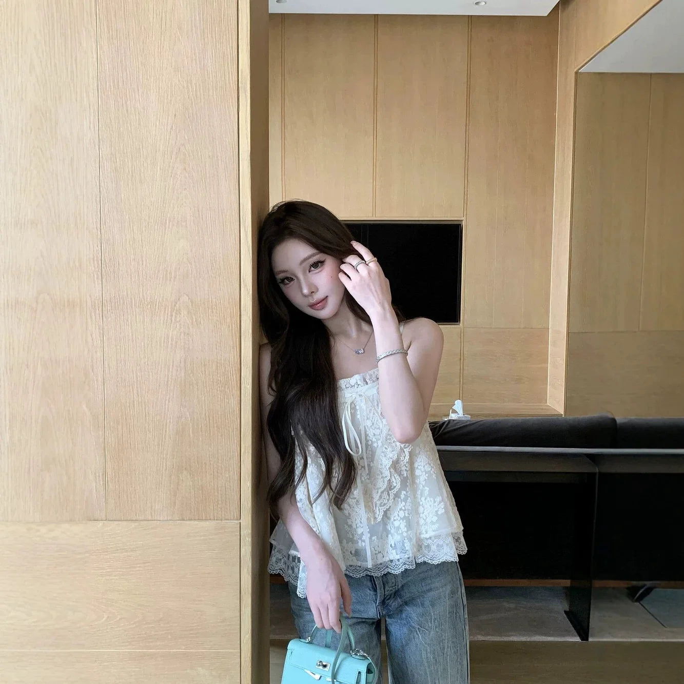 Correct Version! Summer Lace Peony Strap Top Asymmetrical Hemline Cotton Blend Women's Fresh Sweet Style Outerwear B18331621