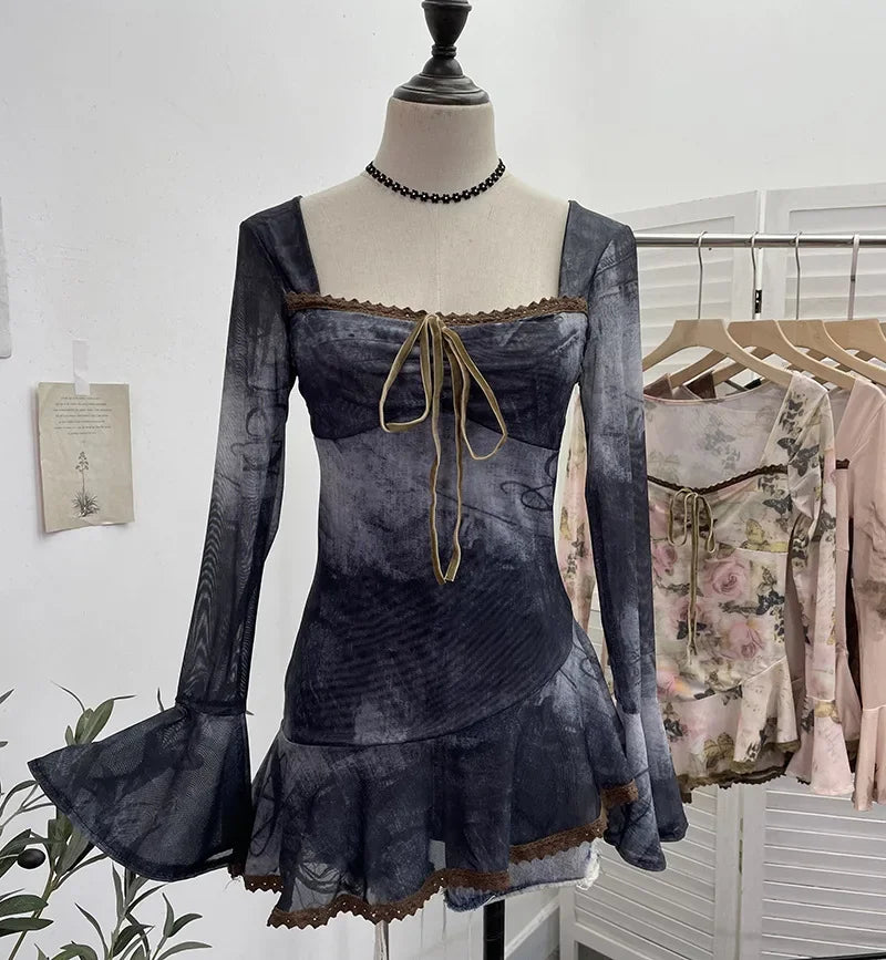 Vintage Square Collar Flare Sleeve Asymmetrical Top